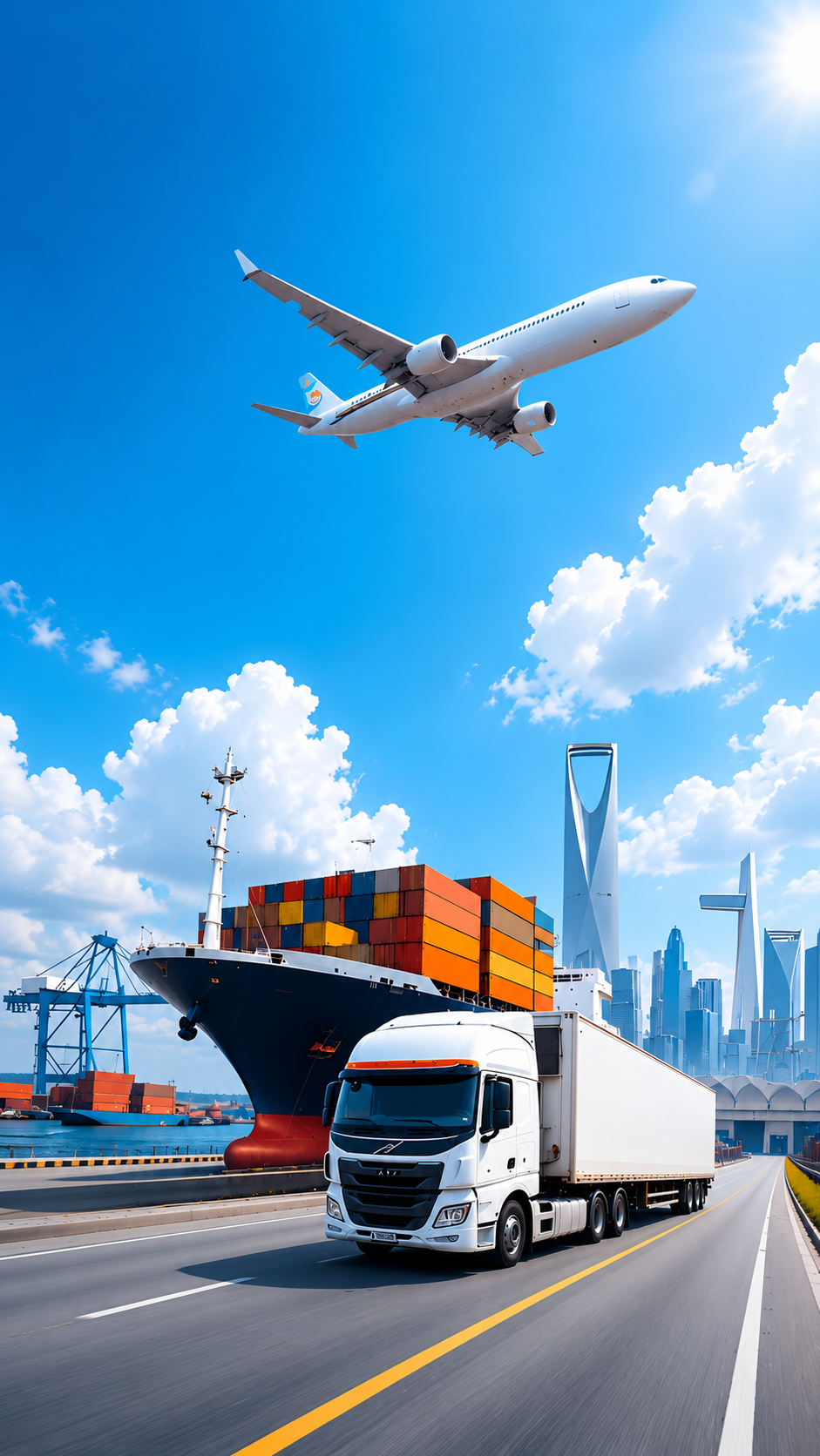Cargo ship, freight truck and airplane at global port