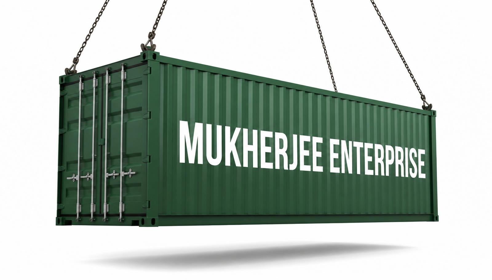 Green shipping container branded with Mukherjee Enterprise, suspended by chains